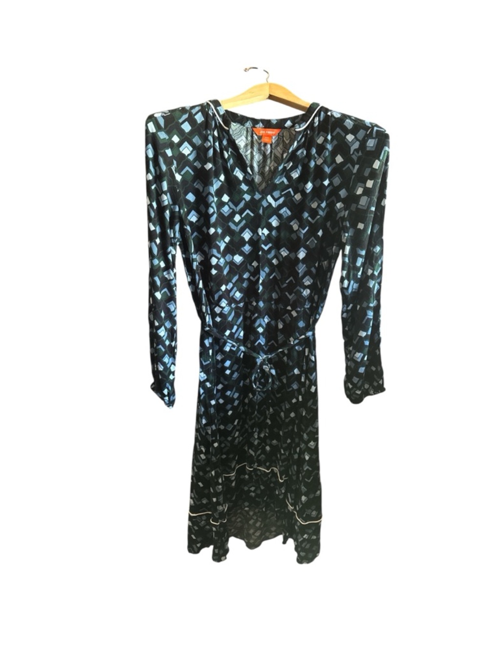 Joe Fresh Black Blue Green Geometric Print Long Sleeve V Neck Casual MIDI Dress